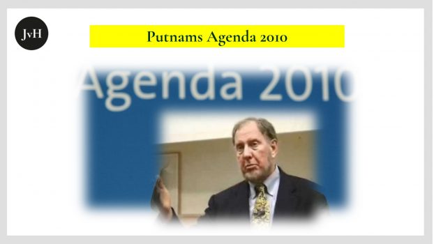 EIne Collage mit dem Bild Robert D. Putnams und einem "Agenda 2010" - Hintergrund der SPD, als Gerhard Schröder noch Bundeskanazler war.
