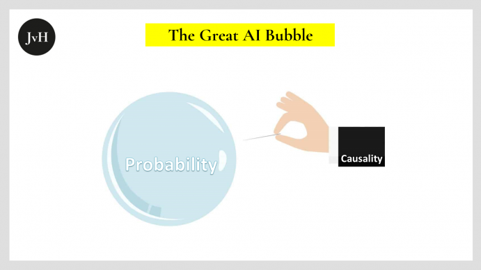 Picture of a large blue bubble symbolising probabilistic AI and a human hand with a needle pointed at the bubble symbolising causal thinking
