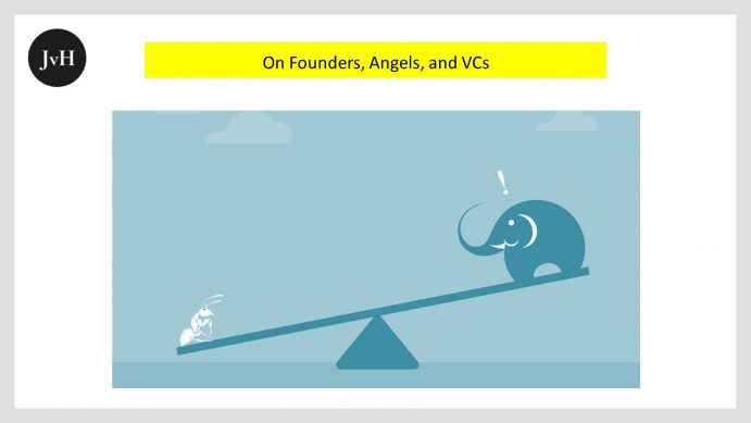 an ant and an elefant sitting on a seesaw as symbols for business angels and VCs, where counterintuitively the elefant sits on the upper, "lighter" end