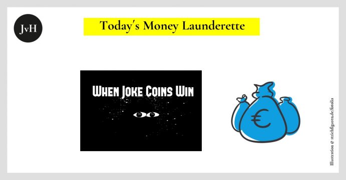 Picture showing a black frog and tited: When Joke Coins Win